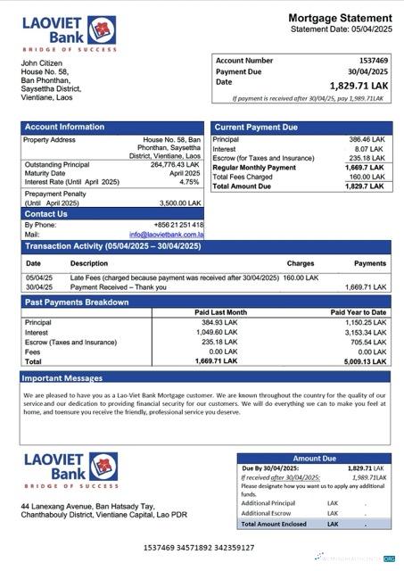 Download Laos Lao Viet Bank mortgage statement Word and PDF template Photoshop template